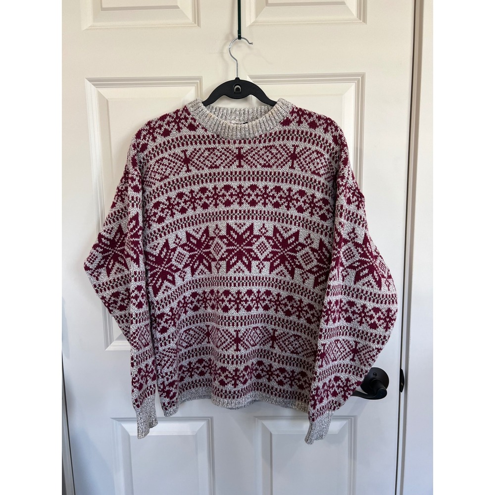 Eddie Bauer Vintage 90s Cotton Knit Snowflake Holiday Sweater Red Olive Large